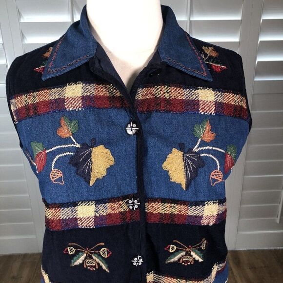 New Direction Plus 3X Blue Chambray Denim Vest Embroidered Harvest Fall Collared - Picture 7 of 12
